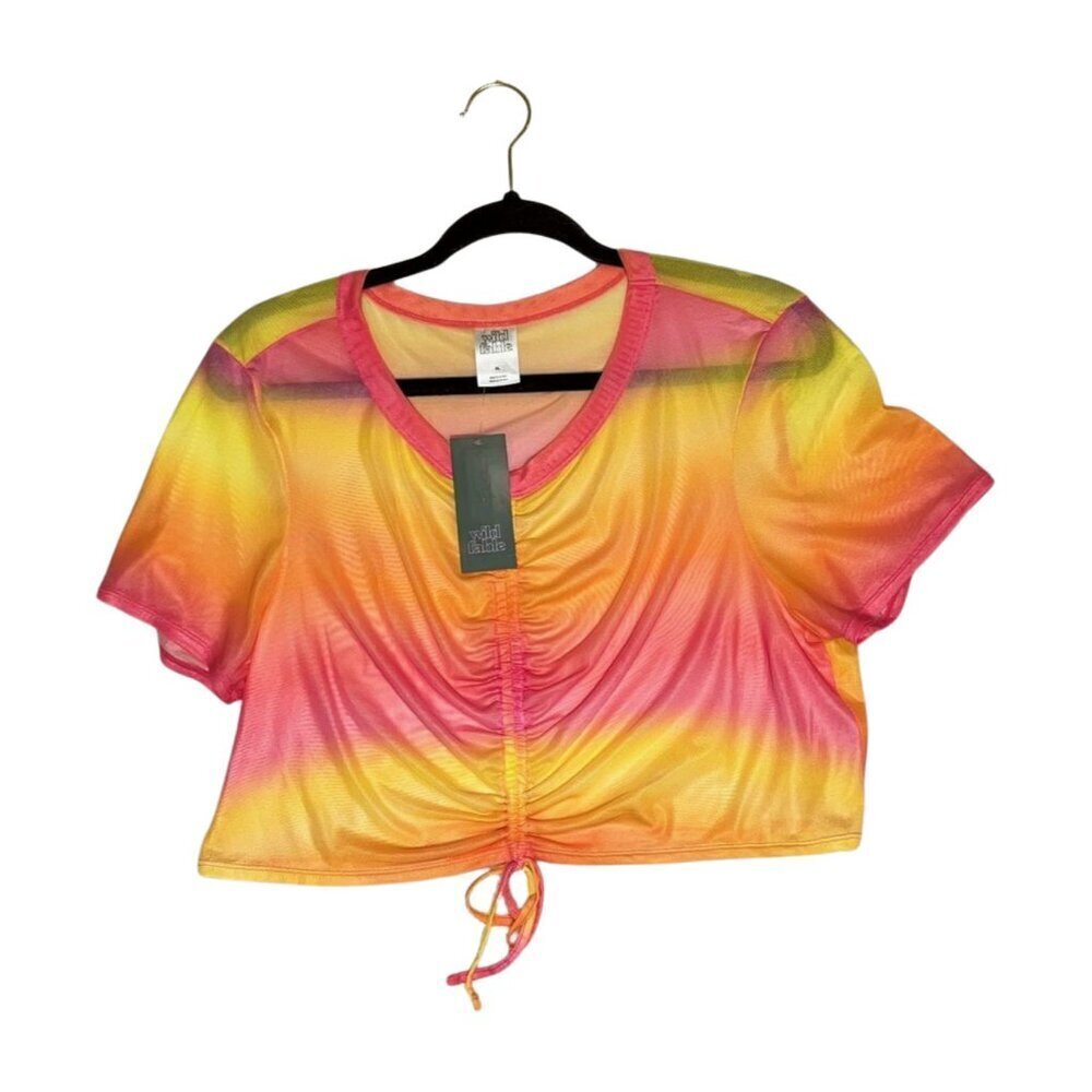 WILD FABLE Women’s Mesh Drawstring Ruched Cover-Up Crop Ombré Pink/Yellow, XL 16